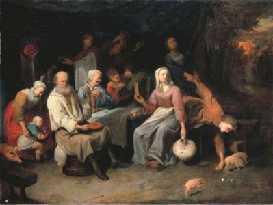 Peasants merrymaking around a table with a wooded evening landscape beyond