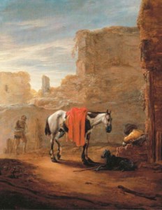 A horse and traveller resting on a road with ruins beyond