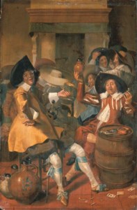 Elegantly dressed men merrymaking in an interior