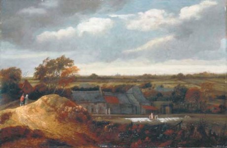 A view of the bleaching grounds near Haarlem, with figures on a path, the Church of Saint Bravo beyond