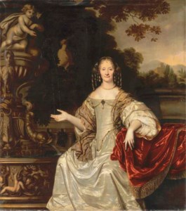 Portrait of Cornelia Reynst (1615-1708), seated, three-quarter-length, in a white silk dress with a gold-embroidered shawl and pearl earrings, necklace and head-dress, in a garden by a fountain