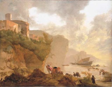 A coastal landscape with stevedores unloading a ship, a castle beyond