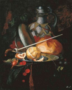 A partly-peeled orange on a pewter plate with raspberries, cherries, grapes, a loaf of bread, a pipe and a water jug on a table ledge under damask drapery