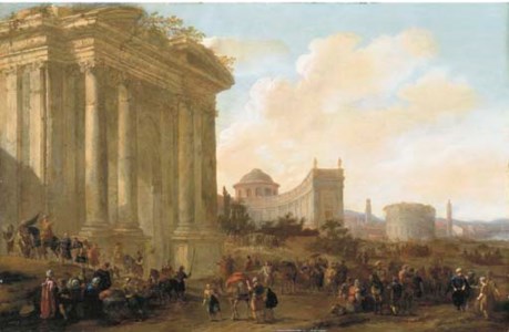 A capriccio of classical architecture in a town with soldiers and oriental merchants, a bridge and mountains beyond