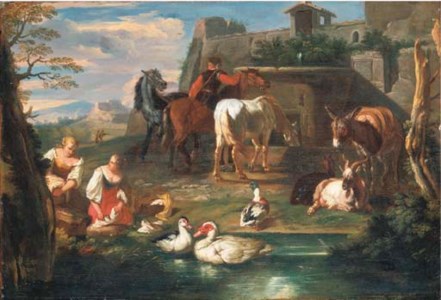 Washerwomen at a pond with ducks, goats and a donkey, a rider watering horses at a fountain and a landscape beyond