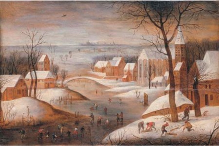 A wooded winter river landscape with a town, skaters and woodchoppers, another town beyond