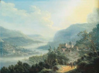 An extensive Rheinish landscape with travellers on a road by a castle