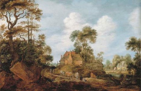 A herdsman driving cattle to water and travellers on a road, a village beyond