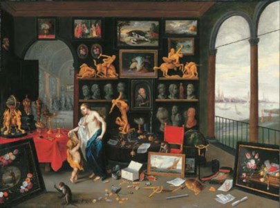 An Allegory of Sight: a collector's cabinet, a view of Antwerp beyond