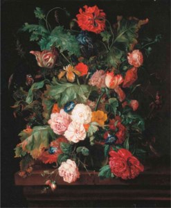 Roses, a lily and convulvulus in a glass vase, with two red admiral butterflies and a caterpillar, on a wooden ledge