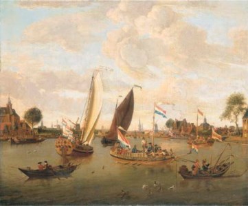 A view of Amsterdam with the Trekschuit and Smalschips on the River Buiten-Amstel near the Hooge Sluis with elegant figures, carriages and townsfolk along the bank, the Towers of the Zuiderkerk and the Oude Kerk beyond