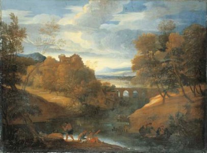 A classical river landscape with figures fishing