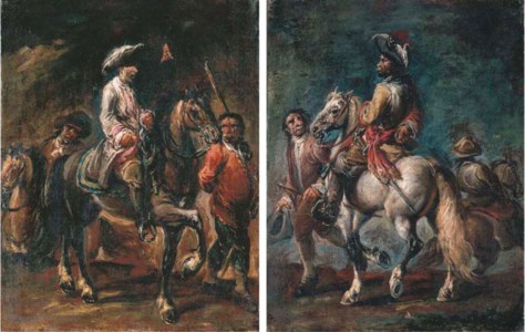 A cavalier wearing a red sash with his groom, another horseman beyond; and A cavalier in a white satin coat with a pink waistcoat and his groom, a horseman beyond
