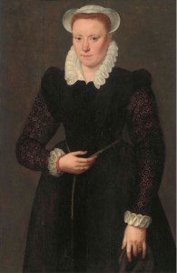 Portrait of a lady, aged 28, three-quarter-length, in a black dress with brocade sleeves, white collar, cuffs and bonnet and with a gold chain around the waist