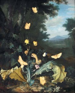 A forest floor still life with a snake, butterflies, a ladybird and a snail, a mountainous landscape beyond