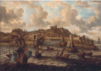 English and Dutch warships and Tunis galeasses before a fortified port, traditionally identified as Valetta