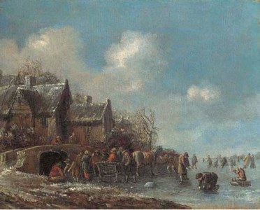 A winter landscape with villagers on a frozen lake