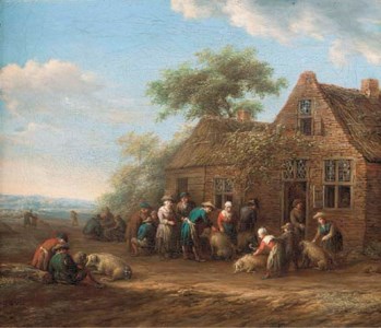 Peasants outside an inn preparing pigs for market