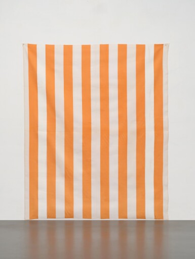 Peinture acrylique blanche sur tissu rayé blanc et orange