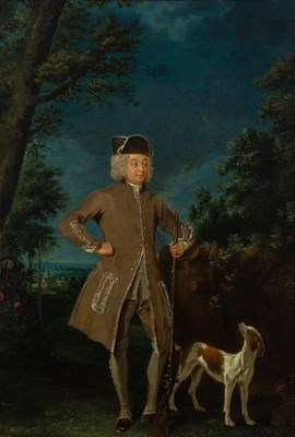 Portrait of a Sportsman Holding a Gun, with a Dog in a Landscape