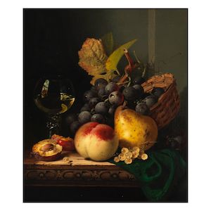 Edward Ladell (British, 1821-1886) Still life with a peach, pear, plums, grapes and a goblet of wine