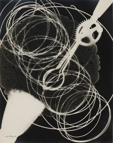 Untitled (Rayograph with Egg Beater, Doily, Broom, and Coil)