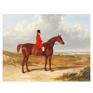 John Frederick Herring, Snr. (British, 1795-1865) Daniel Haigh, Master of the Old Surrey Hunt on a hunter in an extensive landscape