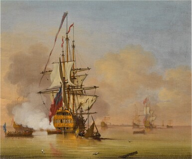 An English Man-of-War firing a salute, with small boats nearby