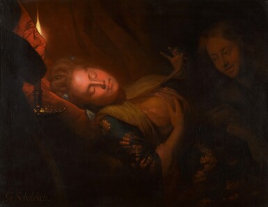 A sleeping lady approached by a man, by candlelight