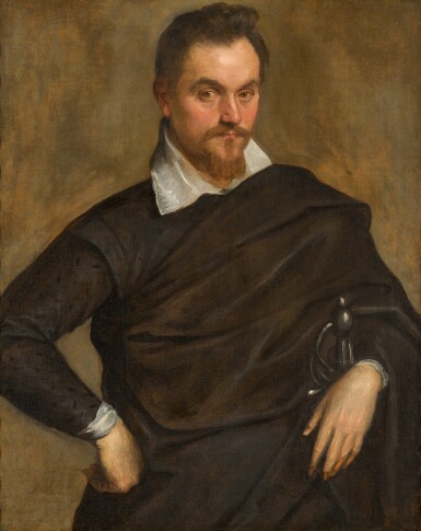 Portrait of a man, three-quarter-length, wearing a black costume with a white collar