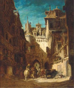 Figures and cattle gathered in a courtyard