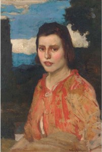 Portrait of a young girl, half-length, in a red blouse