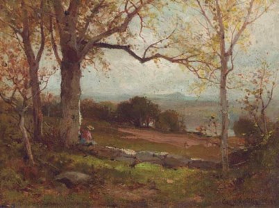New Jersey landscape with a figure resting by a tree