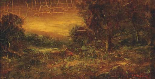A wooded landscape with a figure on a path