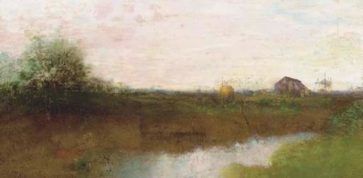 River landscape with a barn