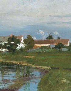 Landscape with a white house behind trees