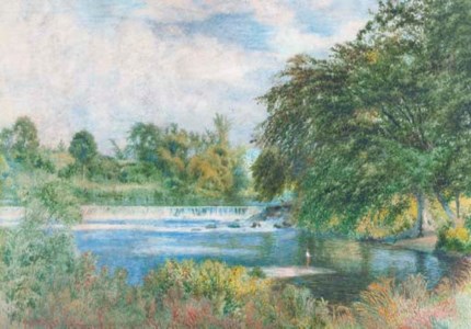 A fisherman by a waterfall