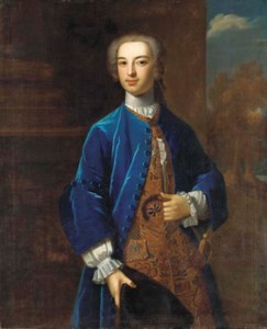 Portrait of Dudley North (1707-1764), three-quarter-length, in a blue velvet coat and a gold embroidered waistcoat, holding a tricorn, a landscape beyond
