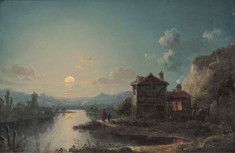 Figures by a cottage in a moonlit river landscape