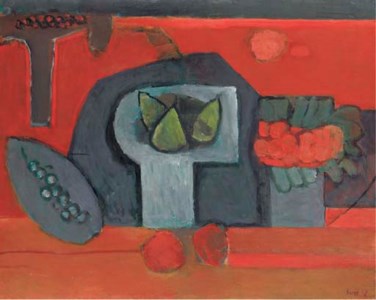 Composition au fond rouge