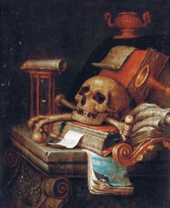 A Vanitas Still Life: A skull, books, an hourglass and a musical score on a stone carved table