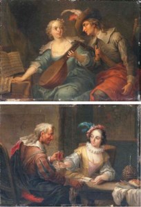 A couple playing cards in an interior; and A couple playing music in an interior