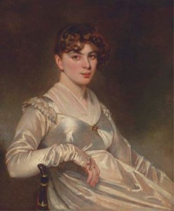 Portrait of a lady, three-quarter length, seated in a white silk dress
