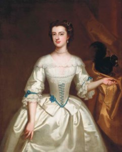 Portrait of a lady, three-quarter length, in a white silk dress with her pet squirrel