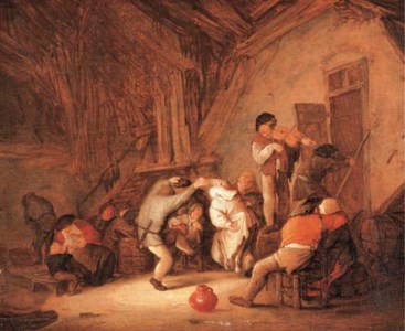 Peasants dancing and drinking in a tavern interior