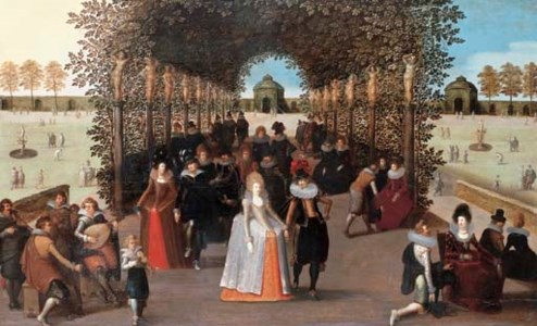 Elegant figures walking in a garden