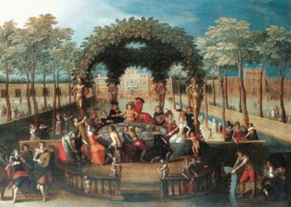 Elegant figures dining in a garden by a canal