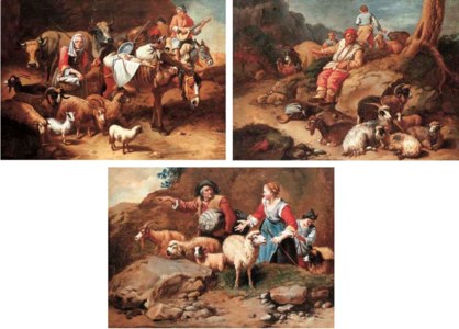 Shepherds with their grazing sheep; Shepherds resting with their flock; and Peasants traveling with donkeys and sheep