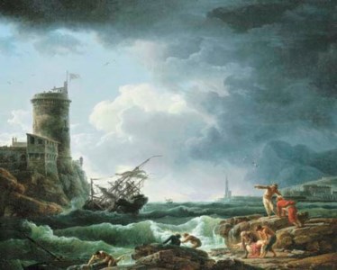 A storm with a shipwreck by a fortress, a castaway in the foreground