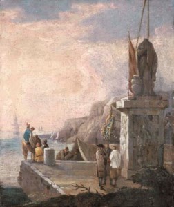 Figures on a quayside with shipping in calm waters